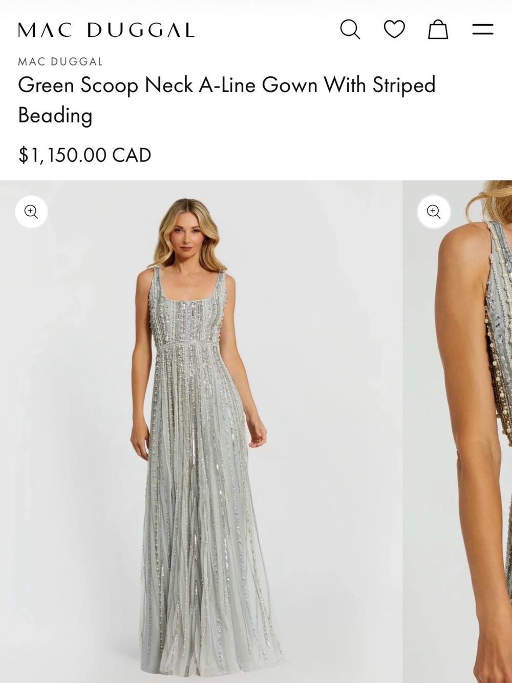 Mac Duggal Silver-Green Scoop Neck A-Line Beaded Maxi Gown